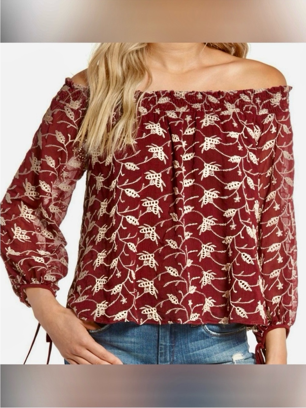 ASTR the Label Embroidered Off the Shoulder Blouse